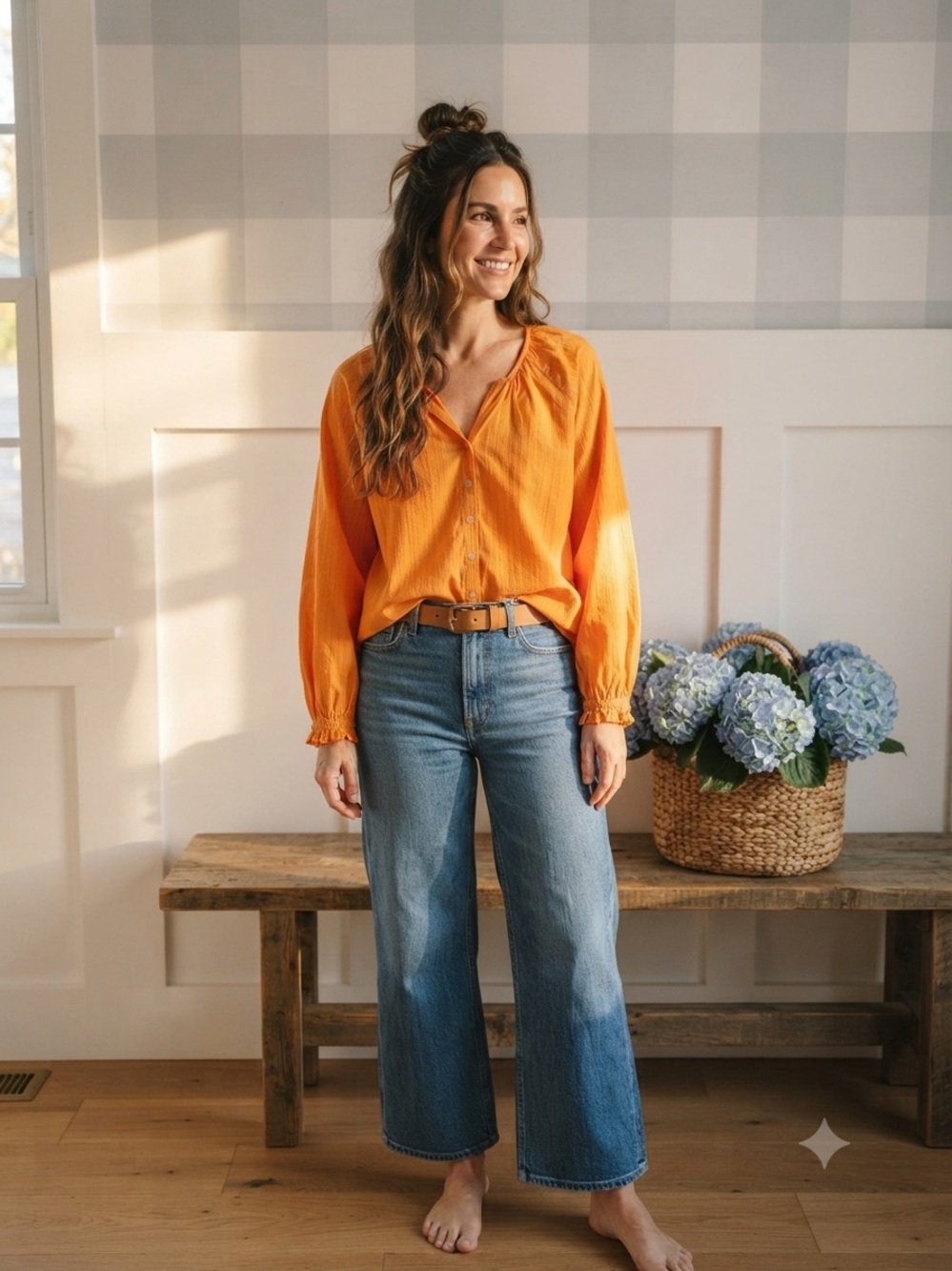 Draper James Orange Long-Sleeve Button Front Blouse Medium